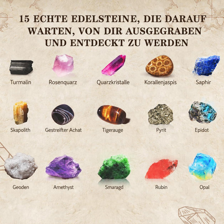 Mein erstes Mega ausgrabungsset für Kinder, 15 echte Kristalle und Edelsteine ausgraben, STEM Wissen
