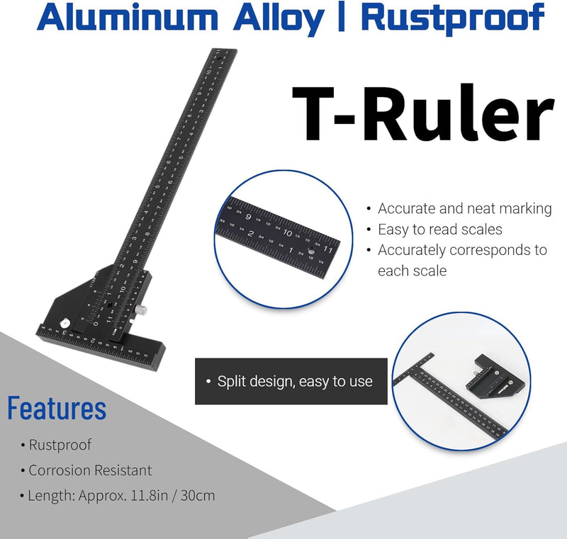 Fafeicy Holzbearbeitung T Lineal, 11,8in / 30cm Aluminiumlegierung Holzschneider Massnahme Scribing