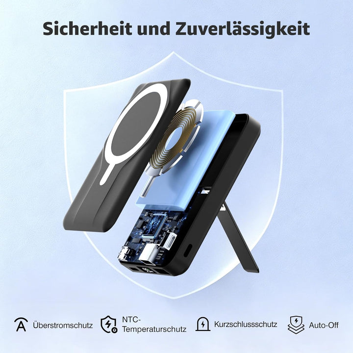 Magnetische Wireless Powerbank 10000mAh, Kompatibel mit MagSafe, Tragbare 15W Kabelloses Schnelllade
