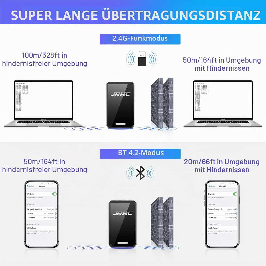 1D 2D Kabelloser Barcode-Scanner Bluetooth, Mini Tragbarer Barcode Lesegerät, 3-in-1 BT &amp; 2.4G &amp; USB