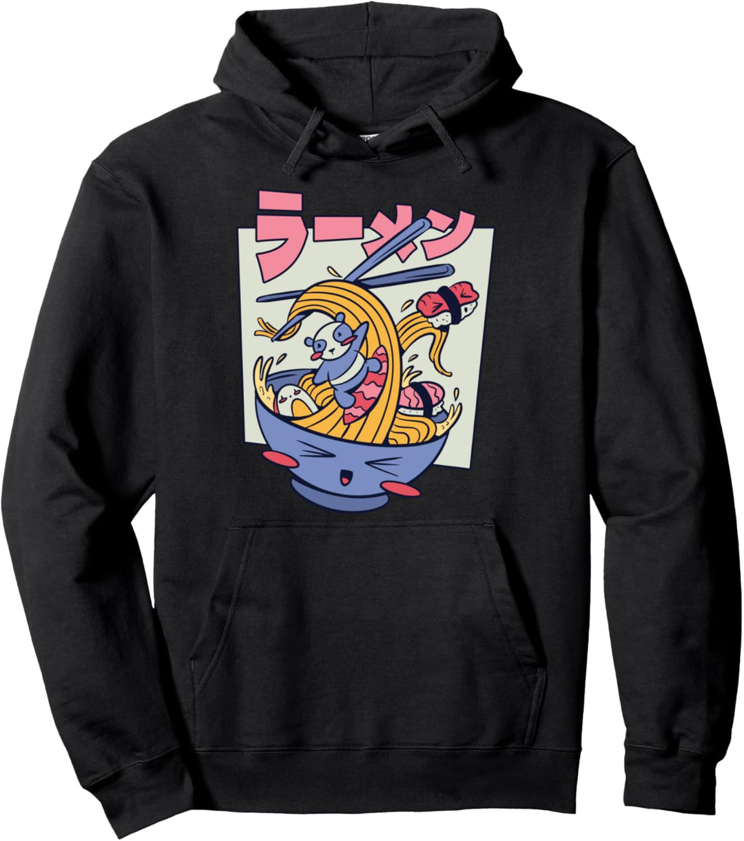 Panda Surfen in Ramen Sushi Japanische Cartoons Lebensmittel Getränke Pullover Hoodie