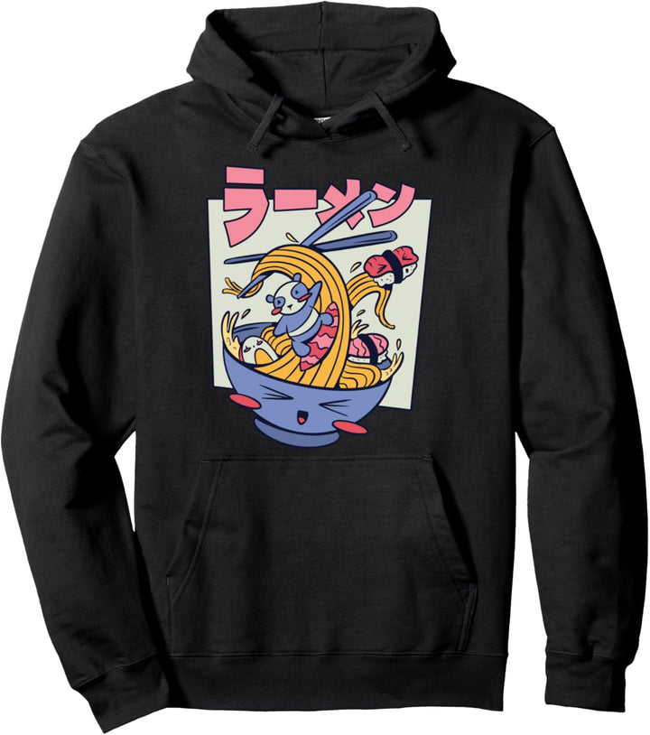 Panda Surfen in Ramen Sushi Japanische Cartoons Lebensmittel Getränke Pullover Hoodie