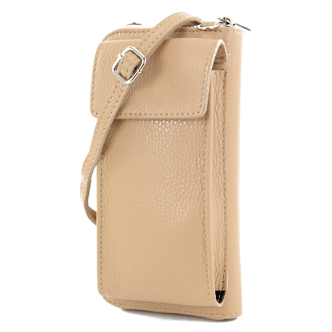 modamoda de - P06 - ital. Damen Umhängetasche Geldbörse Handytasche Leder Beige, Beige