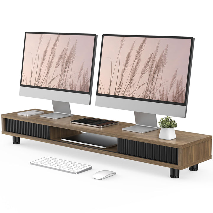 Fenge Dual Monitorständer 108cm Grosser Bildschirmständer mit 2 Glas-Schiebetür Höhenverstellbarer M