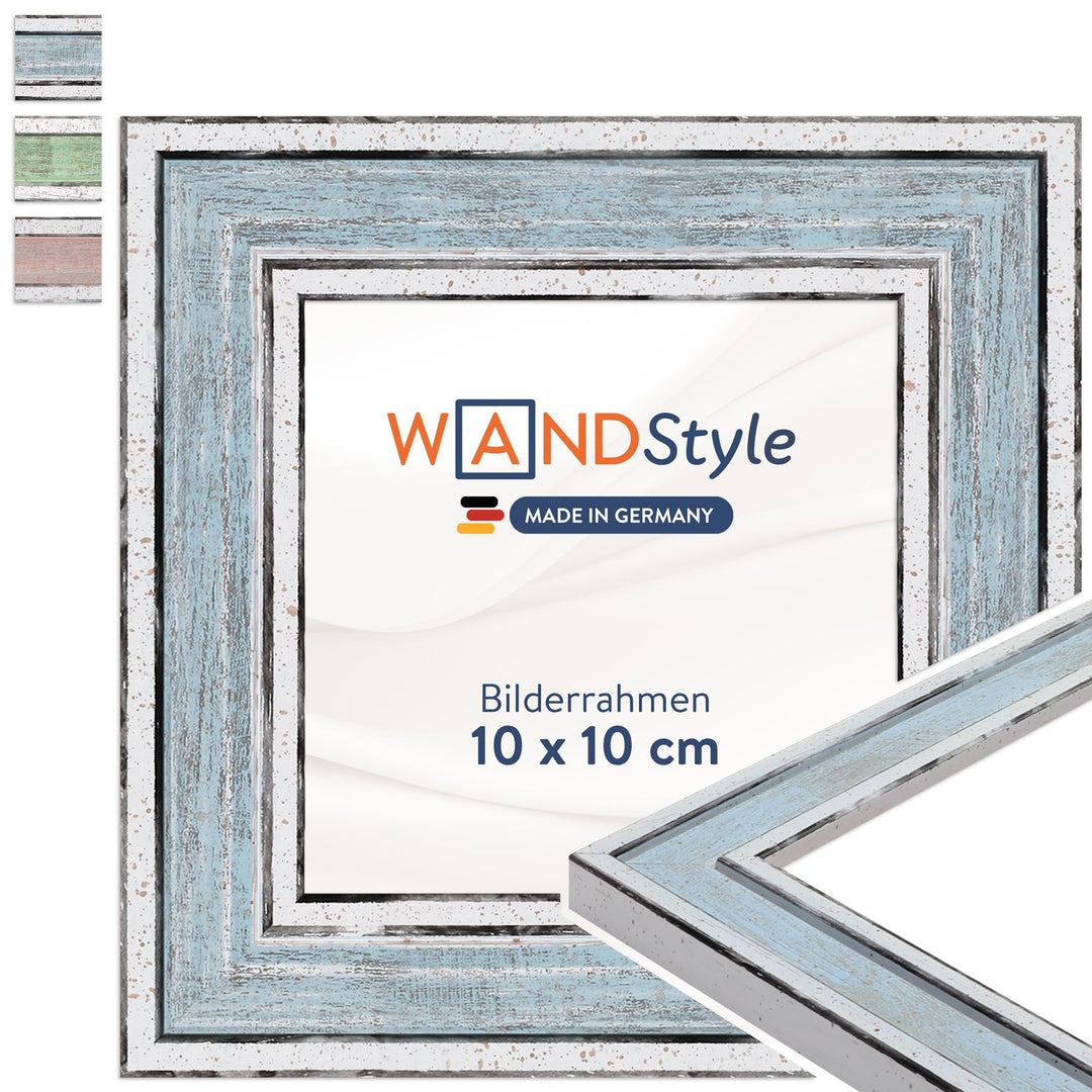 WANDStyle Bilderrahmen Blau 10x10 cm quadratisch aus Holz im Vintage-Stil mit Aufsteller und Aufhäng