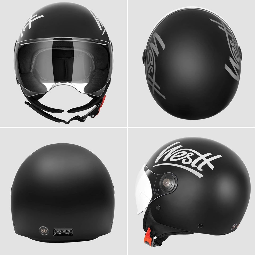 Westt Jethelm mit Visier ECE 22.06 – Leichter Motorradhelm für Damen und Herren – Roller Helm Mopedh