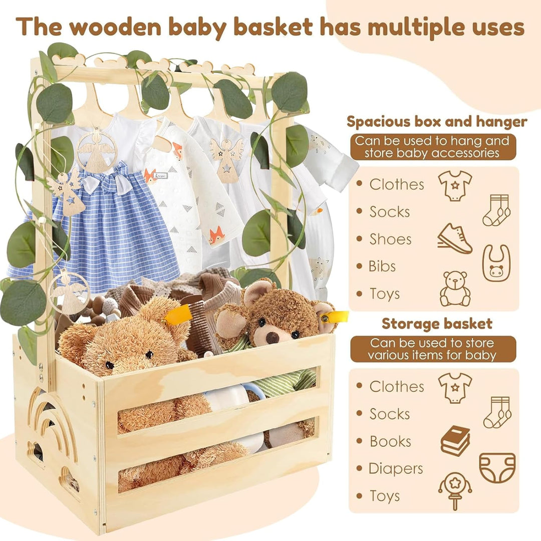 Babyparty Geschenk mit Holz Babykorb auf Rädern | Praktischer Baby Schrank mit Griff & 5 Regenbogen