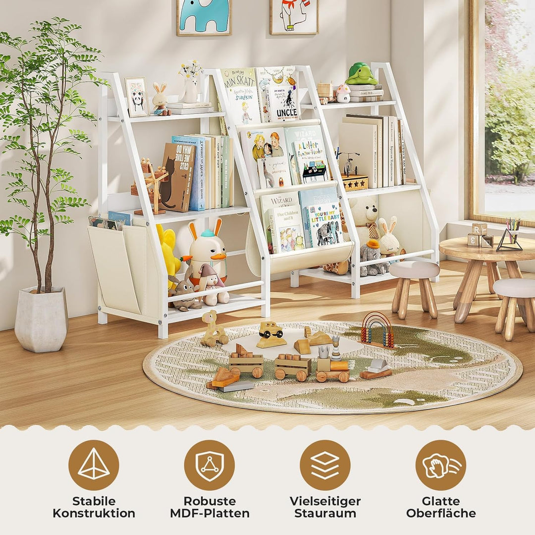 Kinder Bücherregal Mit 6 Fächern und 3 Ablagen | Spielzeugregal in Weiss | 127x72 cm Grosses Bücherr