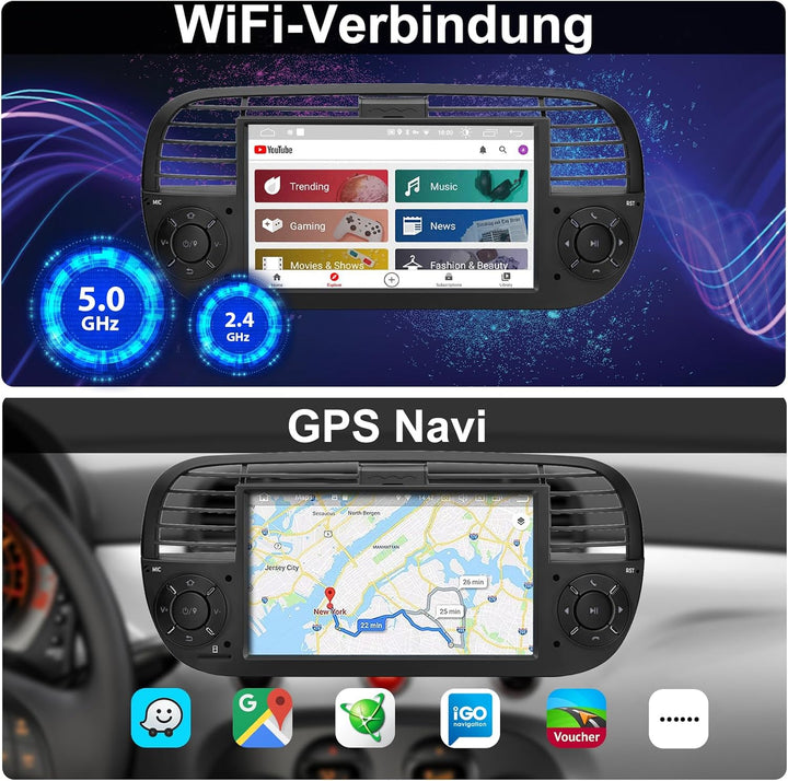 [Black 4+64GB] Autoradio für FIAT 500 2007-2015 mit 7 Zoll Touchscreen, Android 14 Radio Unterstützu