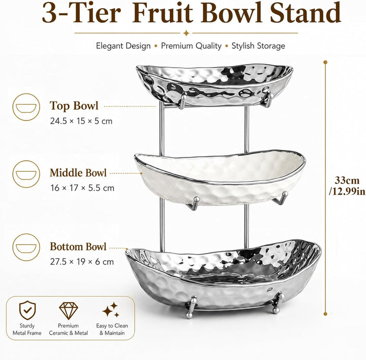 3-stufiger Obst Etagere Obstschale Keramik, Snackteller mit Metallgestell, für Küche, Wohnzimmer (We