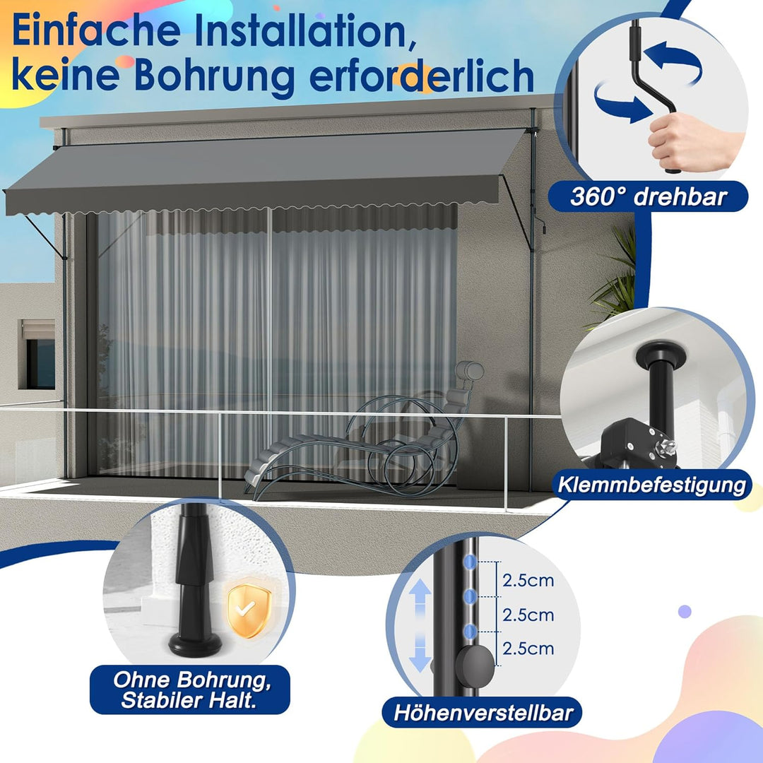 Klemmmarkise, Markise Sonnenschutz Balkon Ohne Bohren, Balkonmarkise Höhenverstellbar UV-beständig,