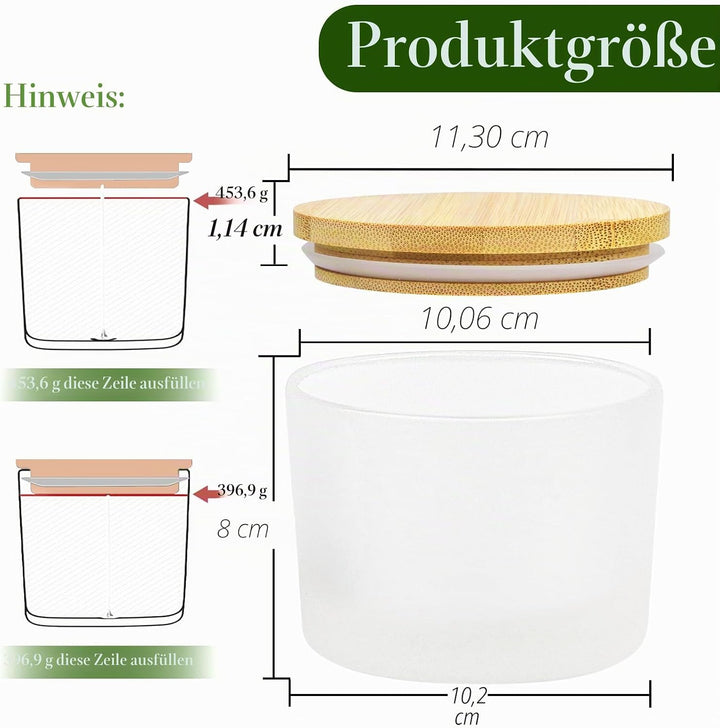CONNOO Kerzengläser mit 3 Dochten, Milchglas, breite Öffnung, mit Bambusdeckel, klebrigen Warnschild