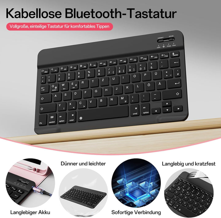 Hülle mit Tastatur für iPad 9/8/7 Generation (2021/2020/ 2019), Weiche TPU Rückseite mit Stifthalter