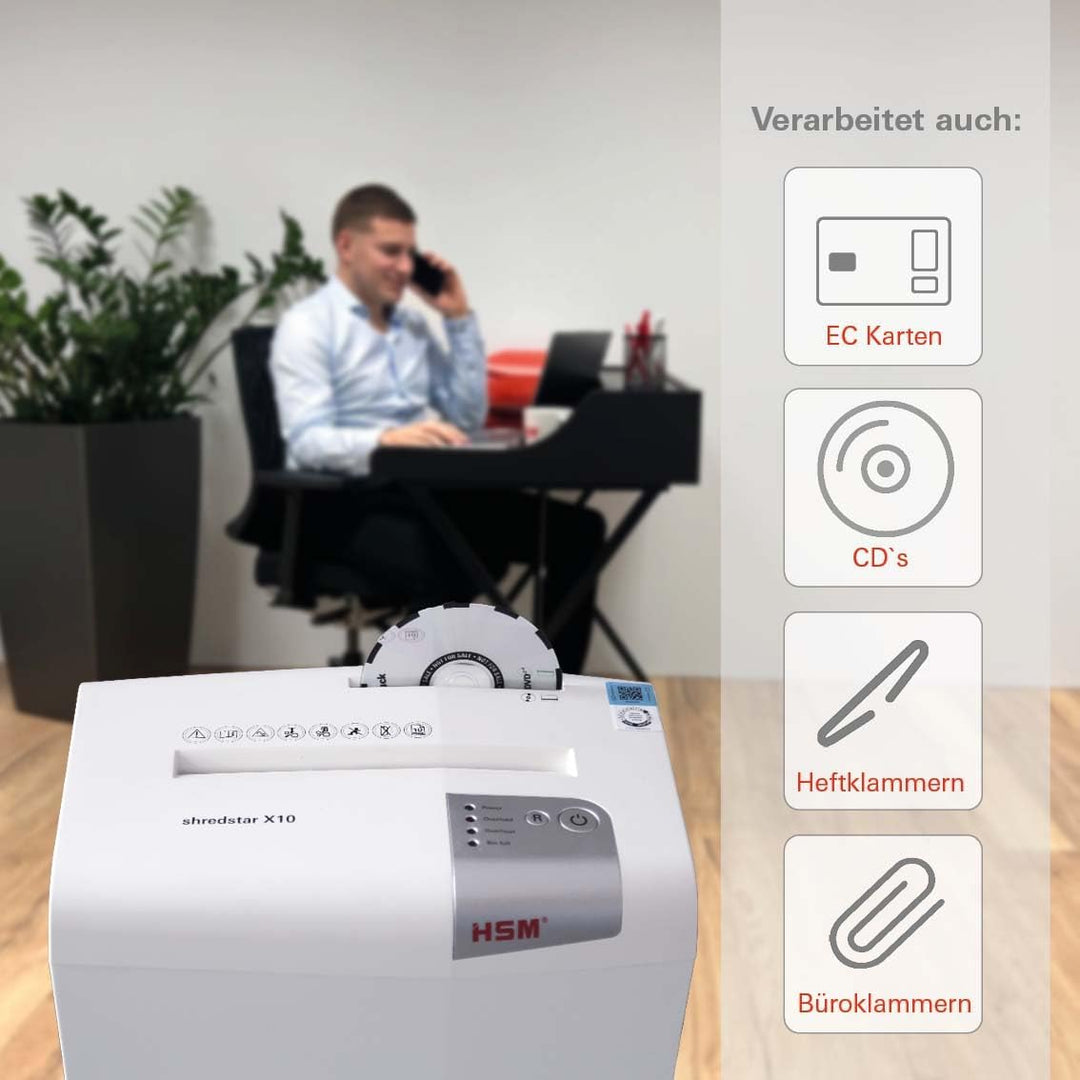 HSM shredstar X10 Aktenvernichter, Sicherheitsstufe P-4, 10 Blatt (Partikelschnitt) mit CD-Schredder