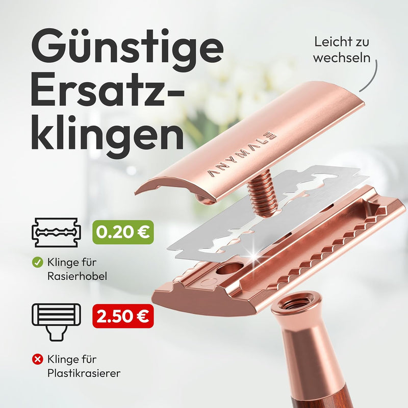 ANYMALE® Rasierhobel Rosegold aus Sandelholz - Damen Set inklusive 5 ASTRA Klingen - Plastikfreier R