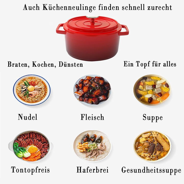 Emailletopf Gusseisen Schmortopf Antihaft mit Deckel: 3.8L Kapazität Kitchen Topf 360° Wärmeleitung