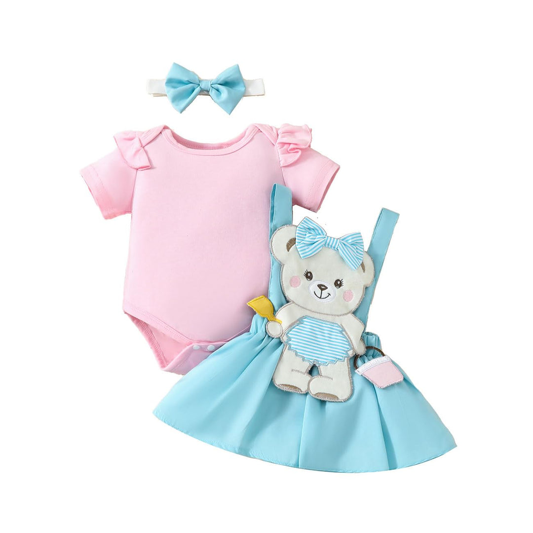 Baby Mädchen Strampler Bär Besticktes Hosenträgerkleid Bowknot Stirnband Kleiderset, Flying Sleeve R