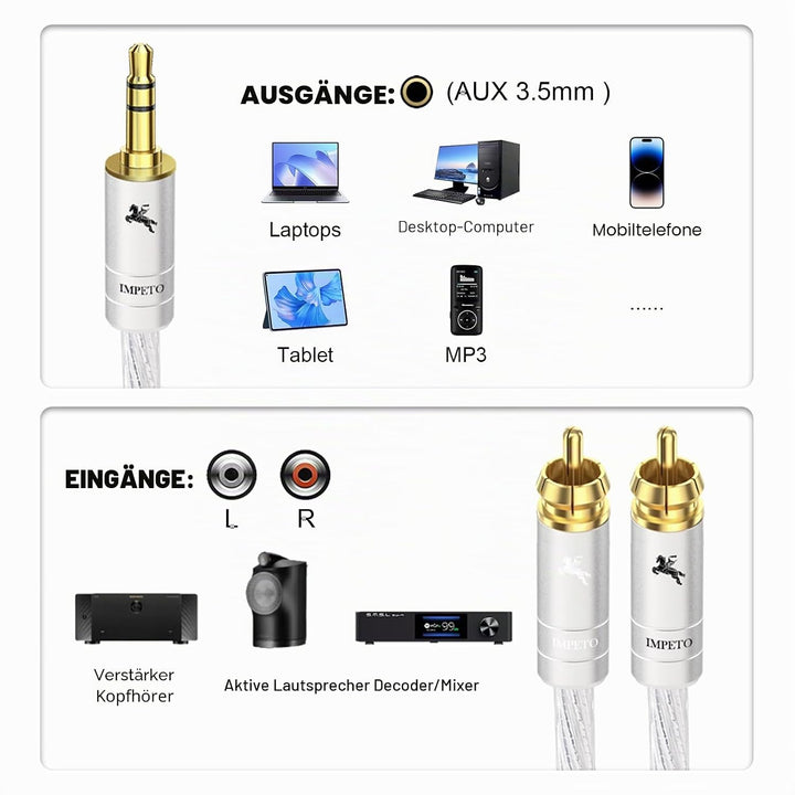 Impeto Cinch auf Klinke 3,5mm Kabel high end S-OCC Klinke auf 2x Cinch adapter Y Kabel 3.5mm aux auf