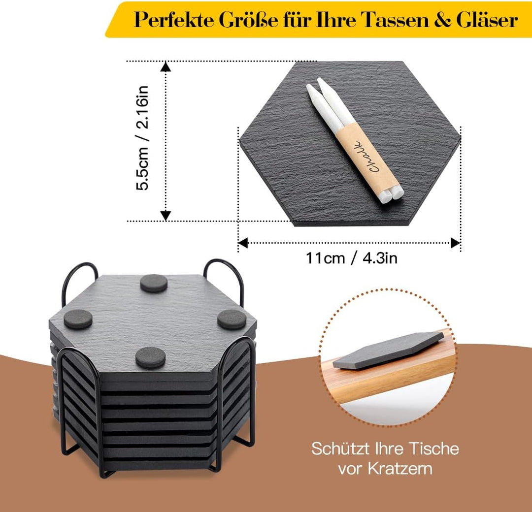 Schiefer Untersetzer für Gläser 8er Set, 11cm Sechseck Getränkeuntersetzer mit Halter, Glasuntersetz