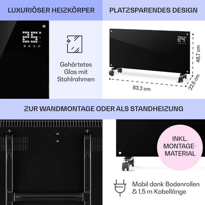 Klarstein Elektroheizung, Konvektor-Heizung mit Bodenrollen, Mobile Elektroheizung Energiesparend, L