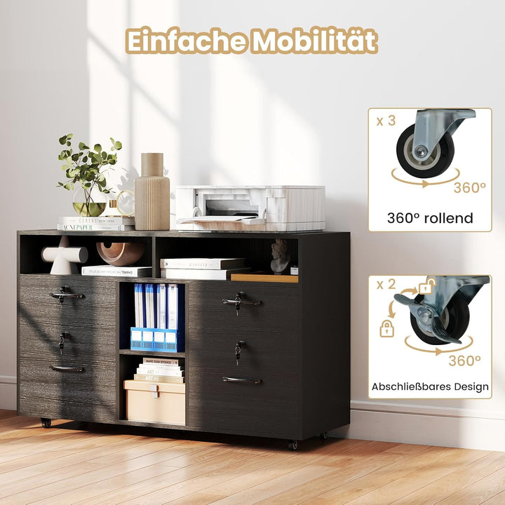 COSTWAY Rollcontainer mit 4 Schubladen, mobiler Aktenschrank abschliessbar mit verstellbarem Regal &