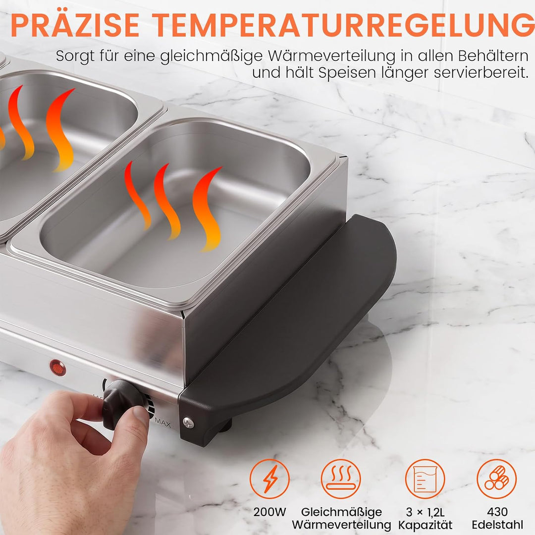 2in1 Warmhalteplatte und Buffetwärmer aus Edelstahl 200W mit 3x1,5L Speisebehältern Gleichmässige Wä