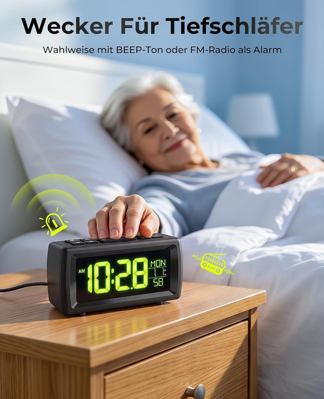 Digitaler Radiowecker, Wecker Radio mit 7-farbige Ziffernanzeige, Einstellbarer Helligkeit und Weckt