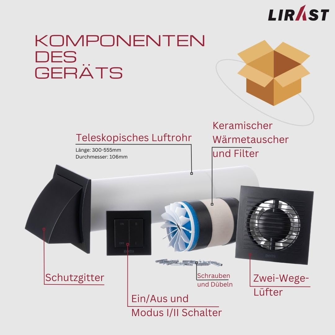 LIRAST 100mm Dezentrale Lüftungsanlage mit Wärmerückgewinnung - Wandlüfter mit Schalter - Lüftung mi