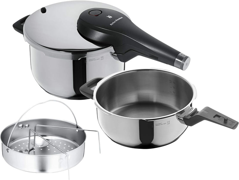 WMF Perfect Premium Schnellkochtopf Set Induktion 3-teilig, Dampfkochtopf 4,5l + 3l mit Einsatz-Set,