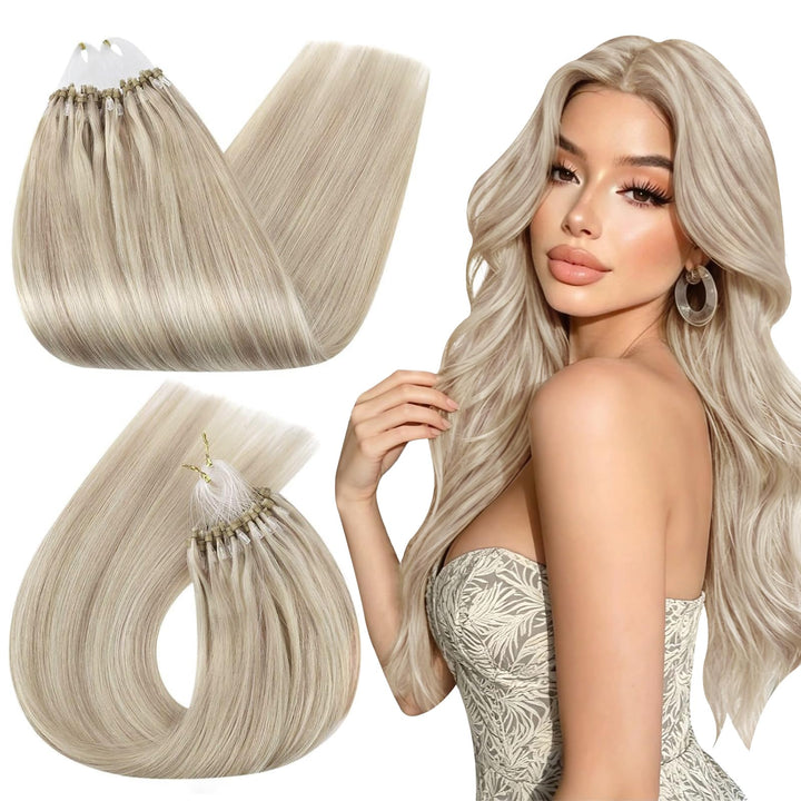 Ugeat Microring Haarverlängerung Echthaar 45cm P18/613 Aschblond mit Gebleichtes Blond Gesträhnt Mic