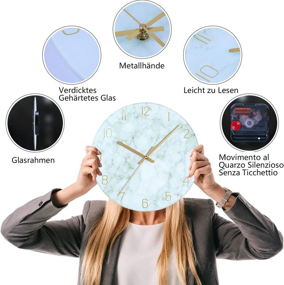 VIKMARI Glas Wanduhr, 30 cm Leise Nicht Tickend Batteriebetriebene Marmor Wanduhren, Runde Vintage G