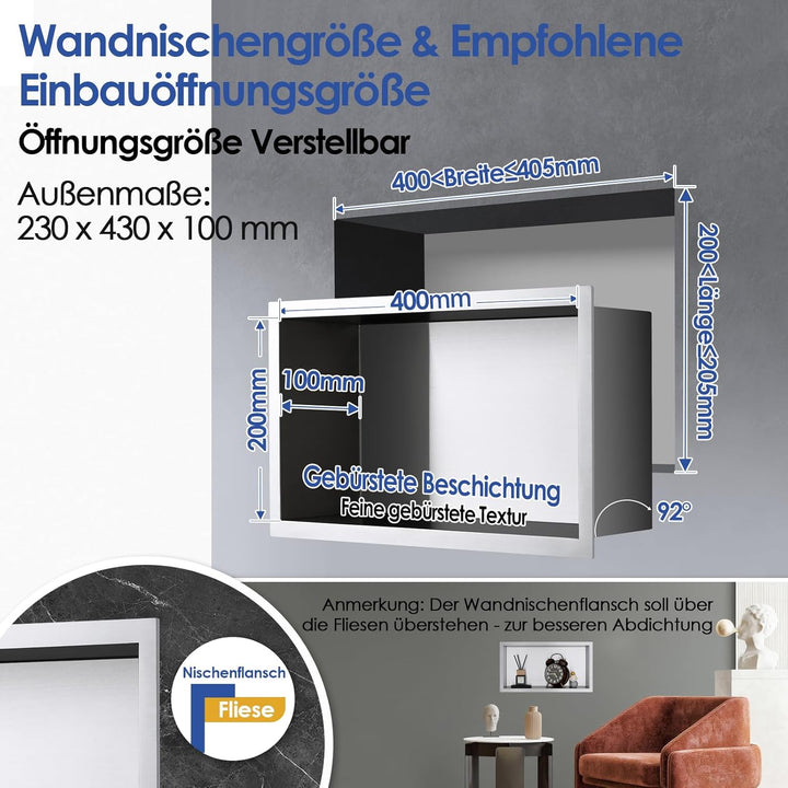 ROVOGO 40 x 20 x 10 cm Wandnische Dusche Edelstahl 304, Eingebettete Duschnische Einzelregal Lagerun
