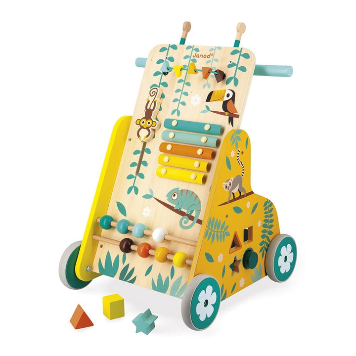 Janod - Multi-Aktivitätswagen Tropik - Laufwagen aus Holz - Lernspielzeug mit 6 Aktivitäten - Leise