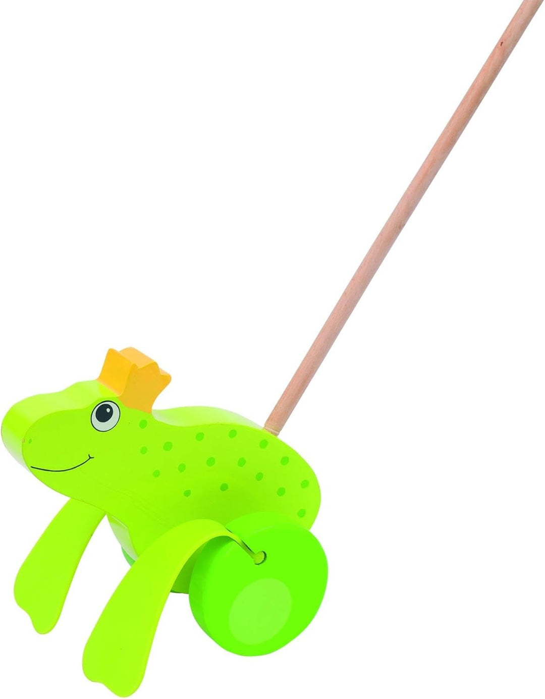 goki 54938 Schiebetier Froschkönig aus Holz mit Watschelgang, Krone & Schiebestab – kindgerechtes La