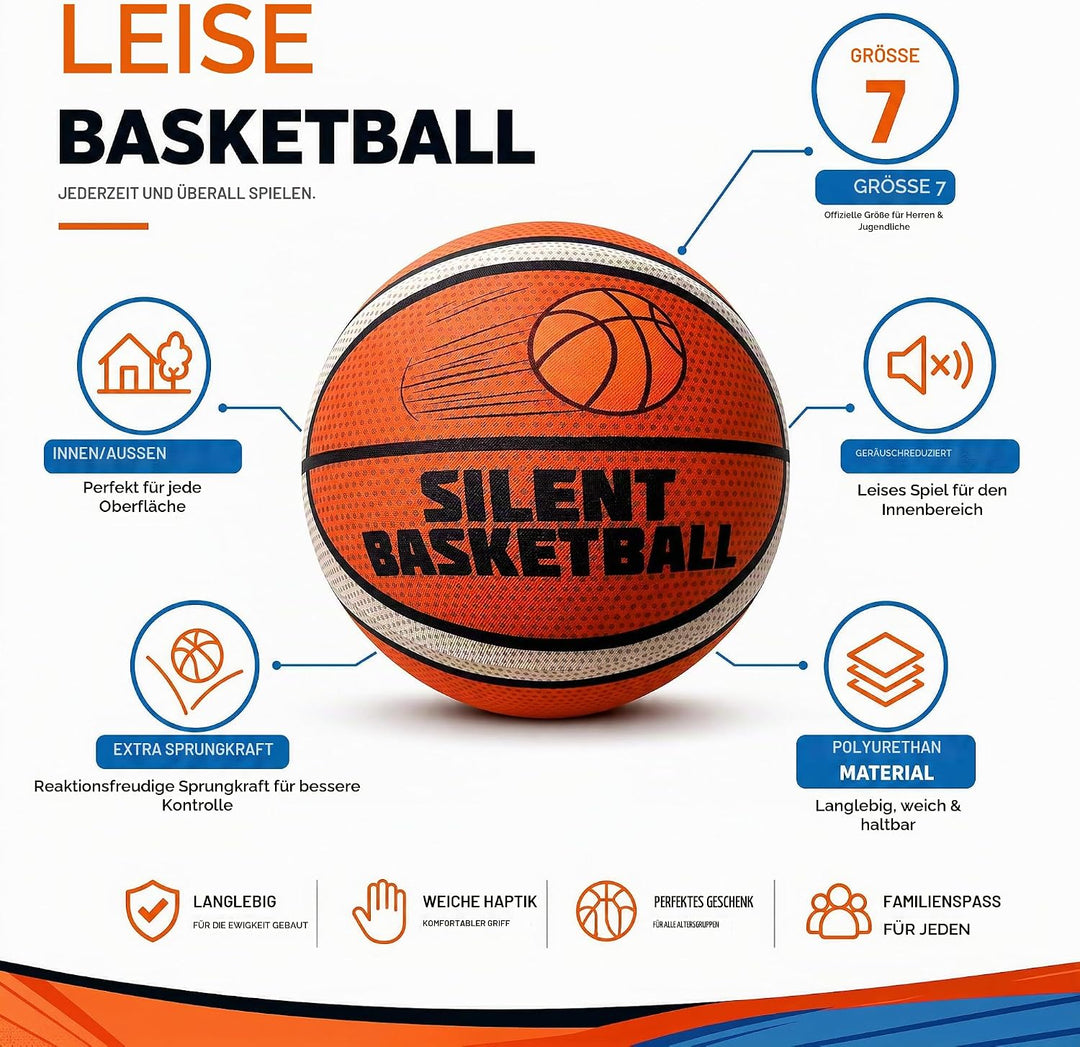 Grösse 7 Silent-Basketball mit Stoffbezug – Rutschfester PU-Schaum, hohe Sprungkraft &amp; realistisches