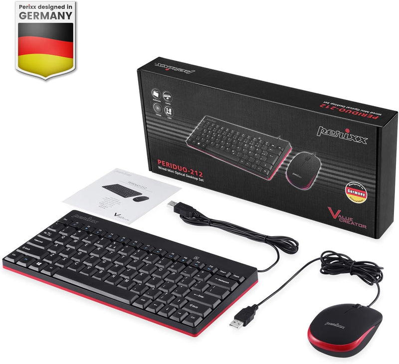 Perixx PERIDUO-212 Kabelgebundene Mini-Tastatur und Maus Set, USB Anschluss, Schwarz, US Englisch La