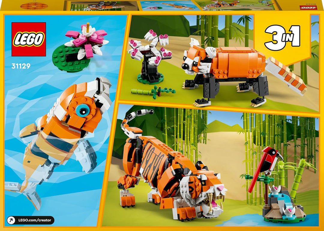 LEGO 31129 Creator Majestätischer Tiger, Panda oder Fisch, 3-in-1 Tierfiguren-Set, Spielzeug für Kin