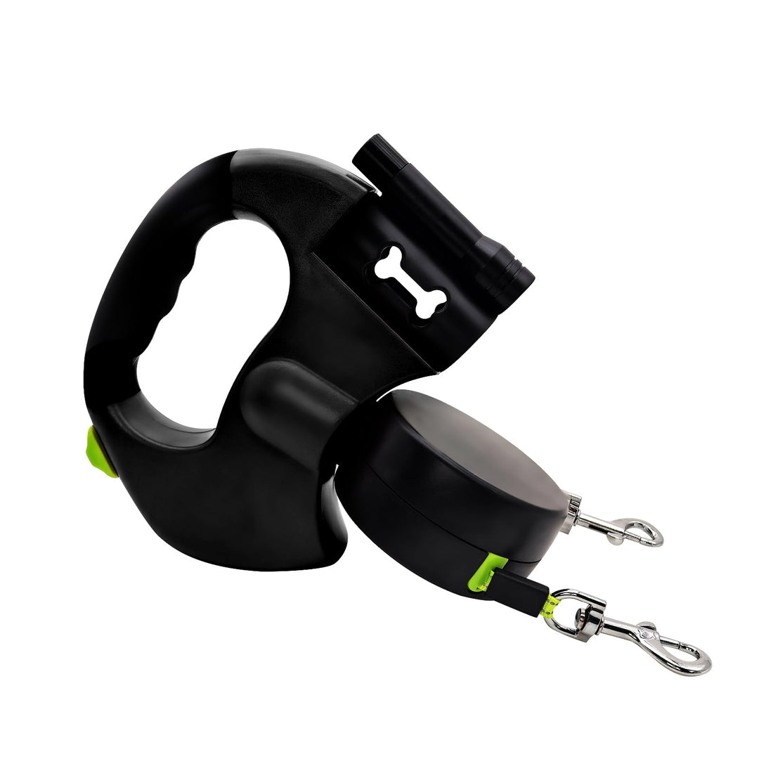 Hundeleine für 2 Hunde, Automatisch Einziehbare Hunde Leine mit Taschenlampe und Taschenspender, Dop