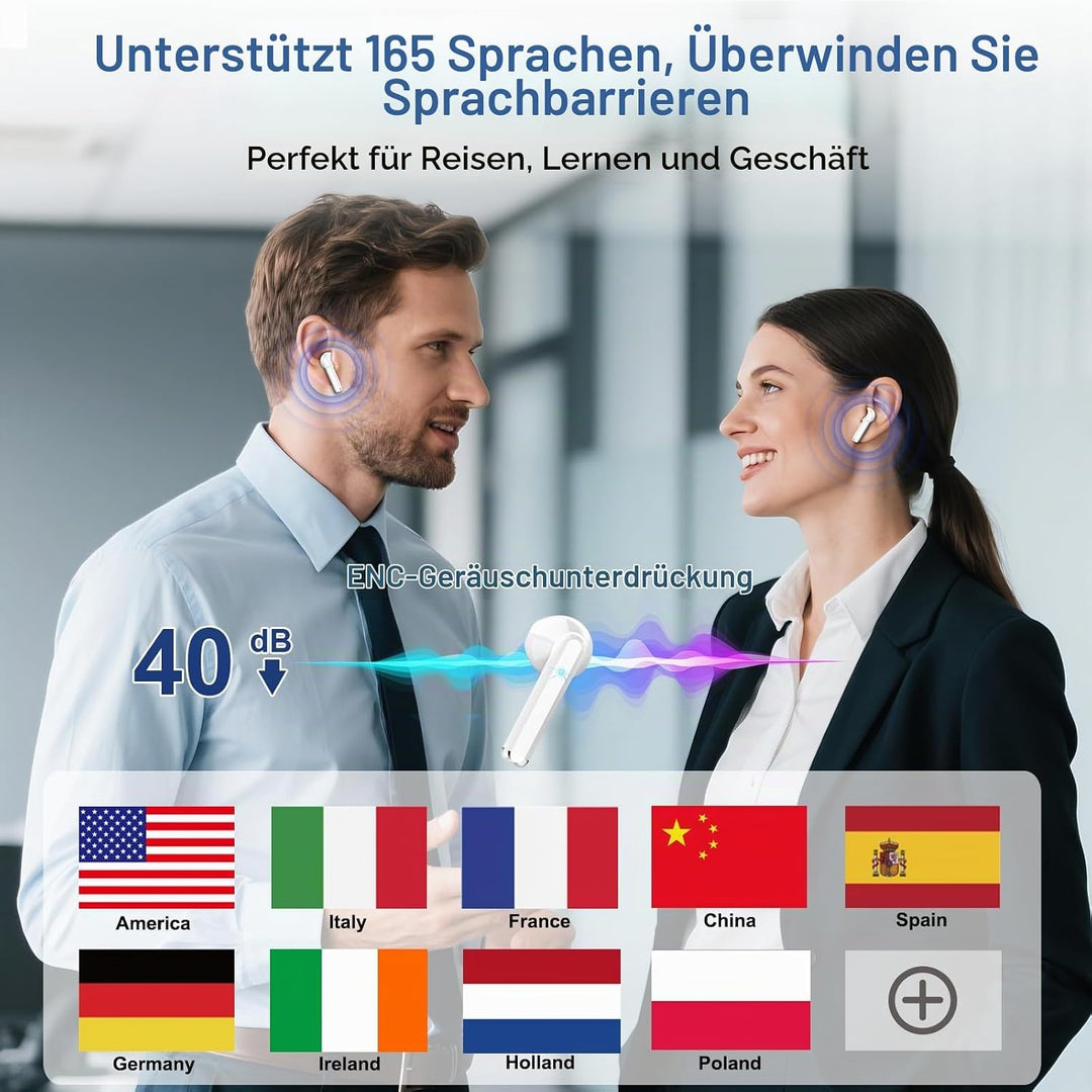 OYIB KI Übersetzer Kopfhörer, Simultanübersetzung, 165 Sprachen/8 Modi Weiss | 3-in-1 Sprachübersetz