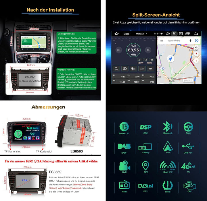 Erisin 7 Zoll 4GB+64GB Android 12 Autoradio mit Navi GPS CD Player für Mercedes Benz C CLK G Klasse