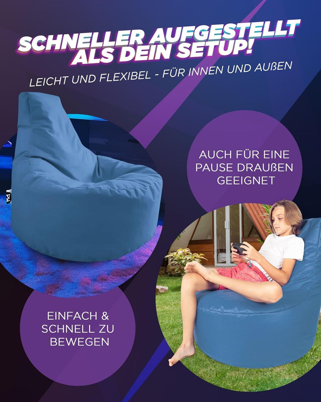 PATCH HOME Gamer Kissen & Lounge Sitzsack – befüllbar mit Reissverschluss, gefüllt mit Styropor, gee