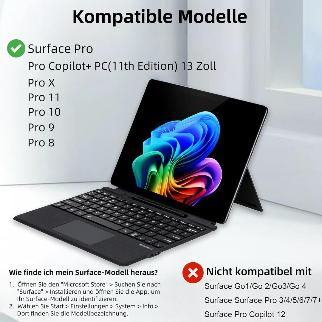 Deutsche QWERTZ Layout Tastatur für Microsoft Surface Pro 11/10 / 9/8 / X, 13 Zoll - Ultraflaches, b