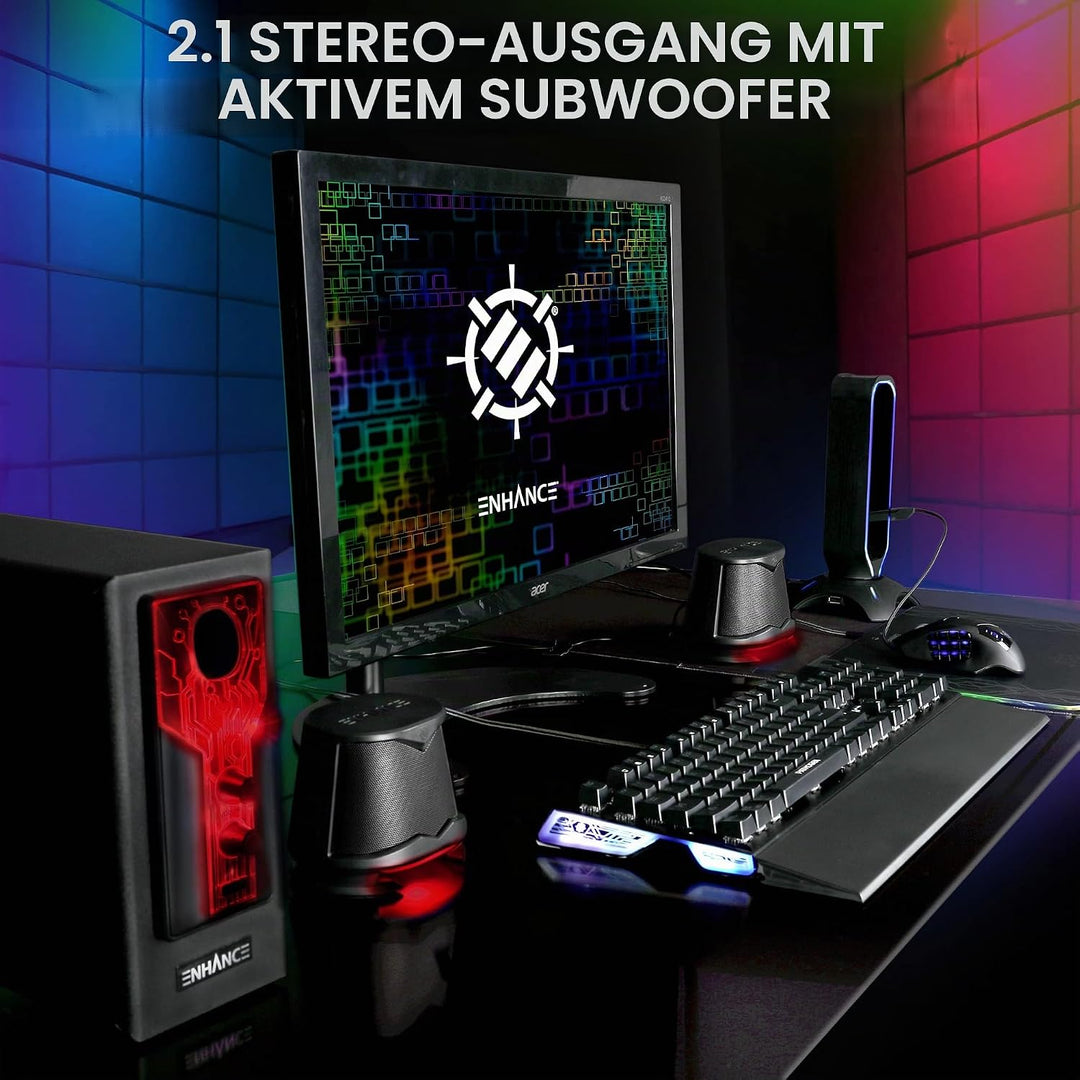 ENHANCE SB 2.1 Computerlautsprecher mit Subwoofer – Rot LED-Gaming-Lautsprecher, High-Excursion-Soun