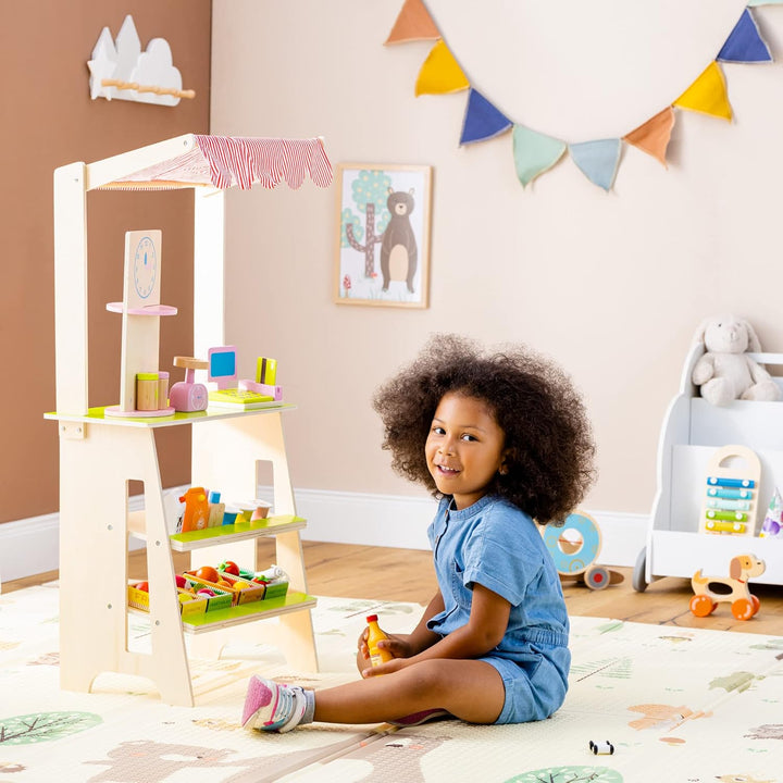 Navaris Holz Supermarkt für Kinder - Spielzeug Kaufladen inkl. Obst Gemüse Lebensmittel aus Holz - V