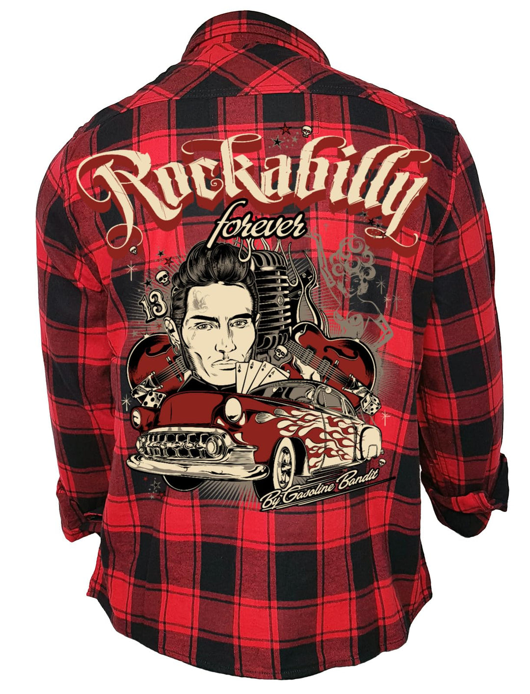 Gasoline Bandit Rockabilly Worker Herren-Hemd schwarz-rot kariert Reine Baumwolle - Let The Good Tim