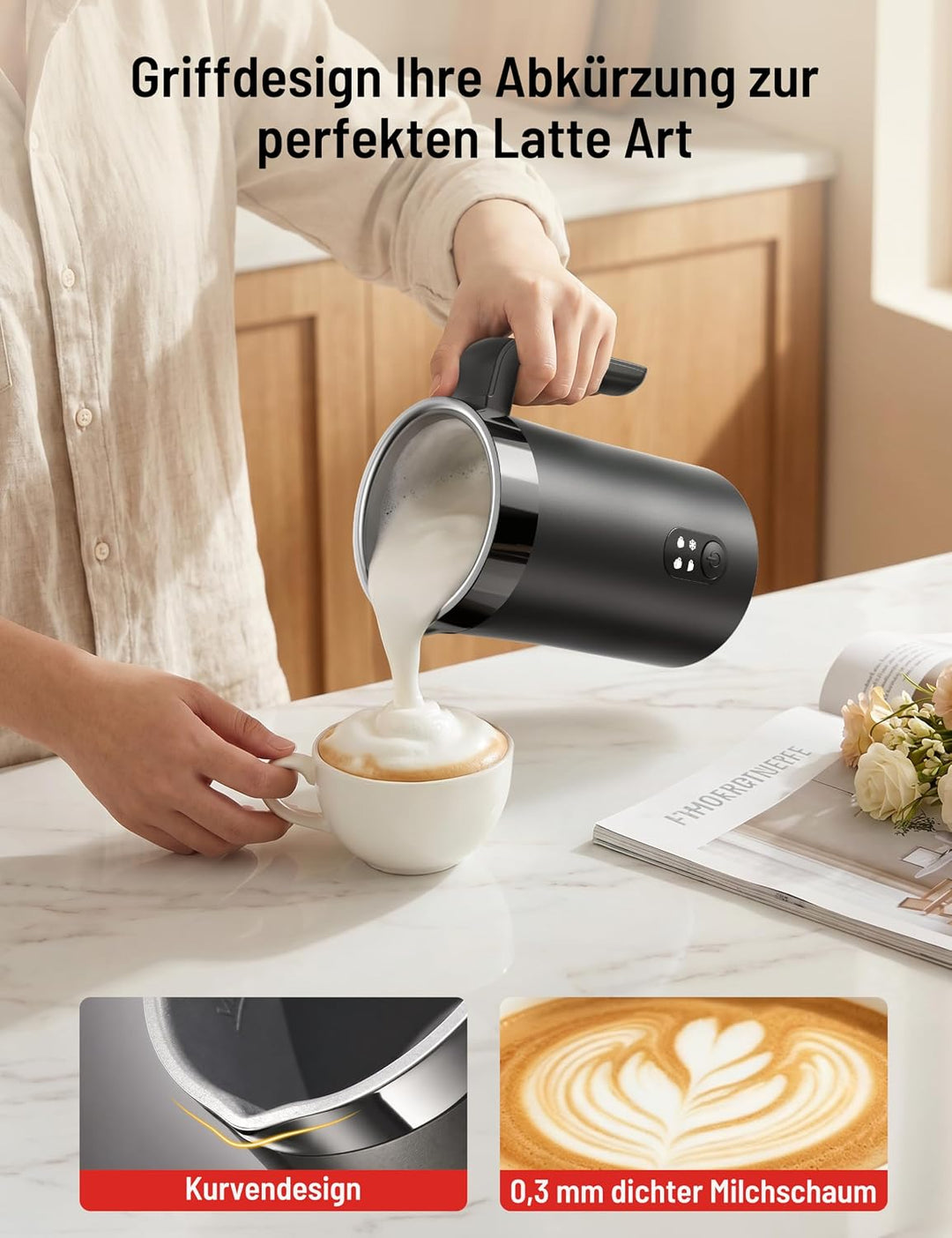 PARIS RHÔNE Milchaufschäumer Elektrisch 400ml, 4-in-1 Milchschäumer Kalt- & Heissschaum für Latte, C