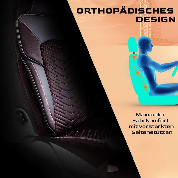 Autositzbezüge Universal für PKW & SUV – Premium Vordersitze Auto Sitzbezug aus Samt, Schwarz-Rot, A