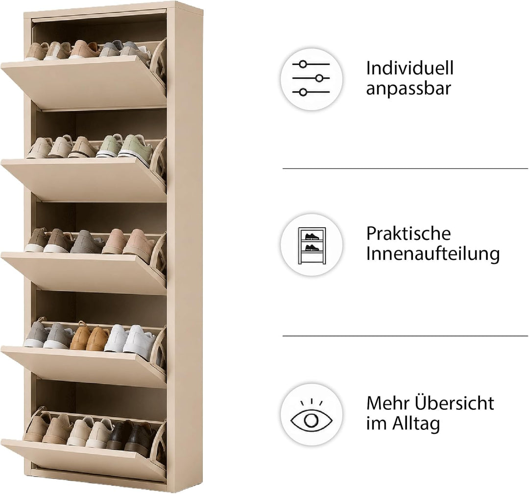 Schuhschrank Schmal, 5 Regale, Metall Schuhkipper mit Magnet-Klappen, Freistehend oder Wandmontage,