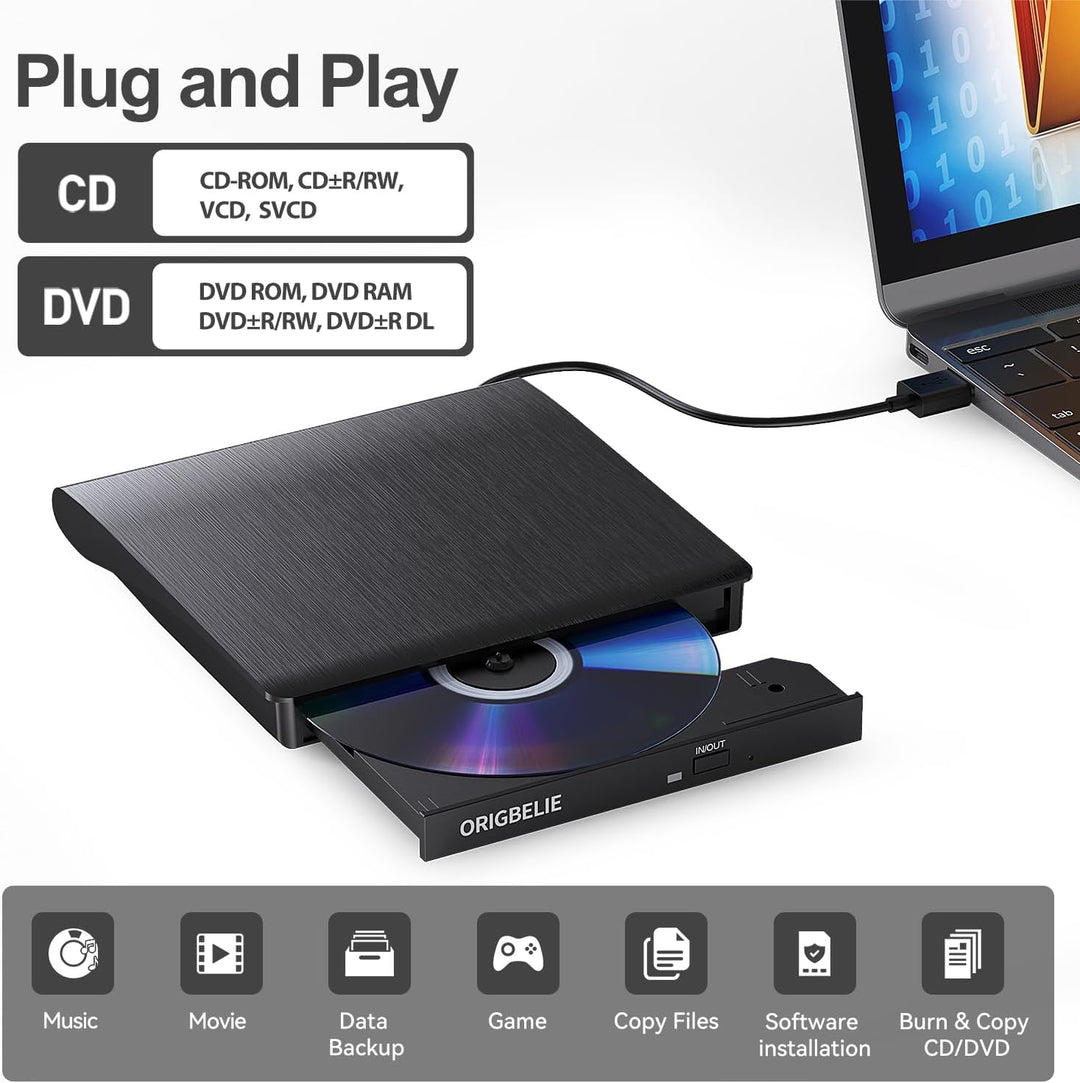 ORIGBELIE Externer CD-Player für PC Laptop, externer Plug & Play-DVD-Brenner, USB 3.0 Typ-C CD/DVD +