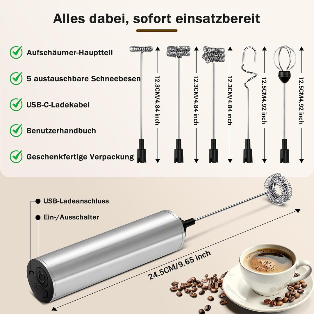 Milchschäumer Elektrisch USB-C mit 5 Wechselbaren Edelstahl-Schneebesen–2 Einstellbare Geschwindigke